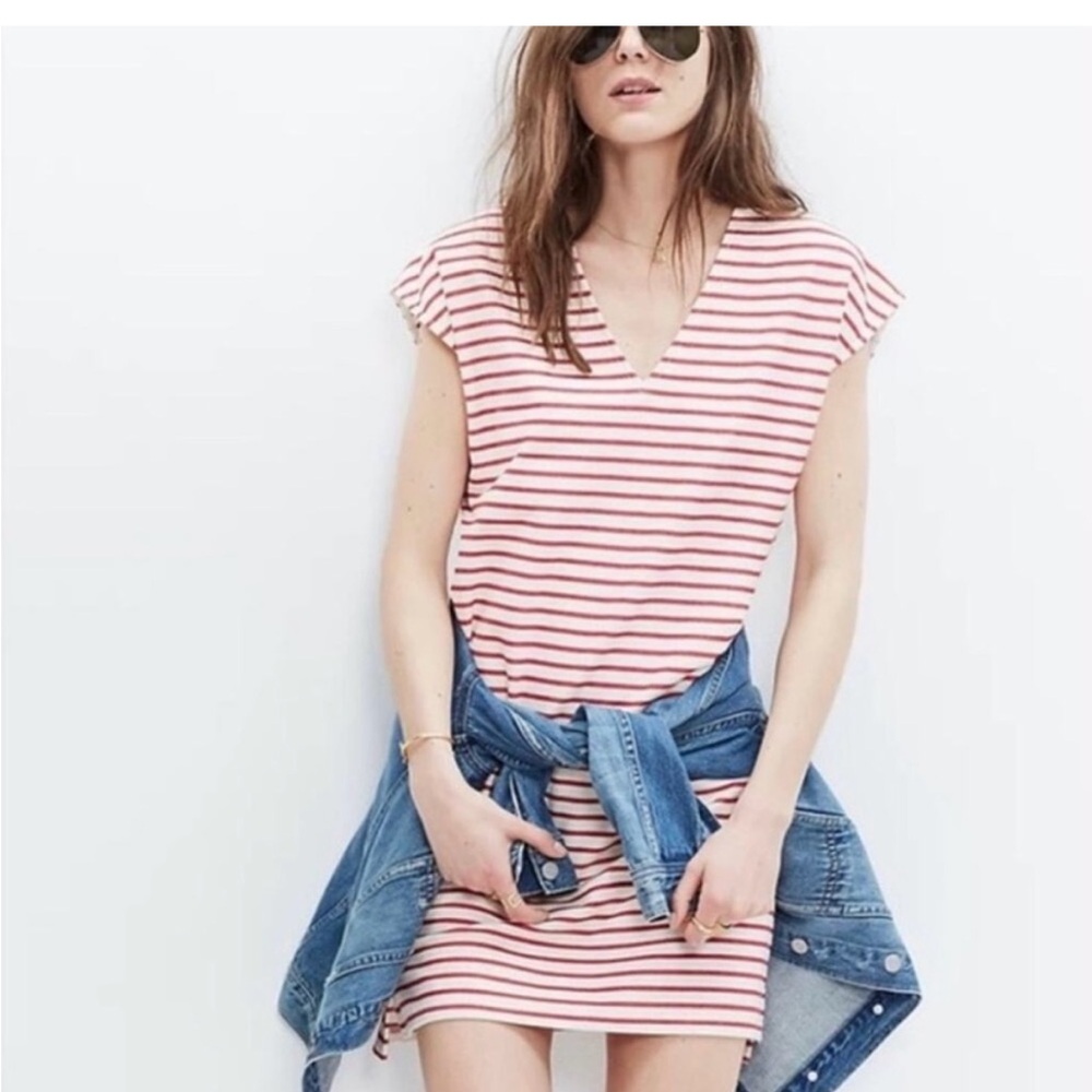 Madewell Vacances Red & Cream Striped Shift Dress Preppy